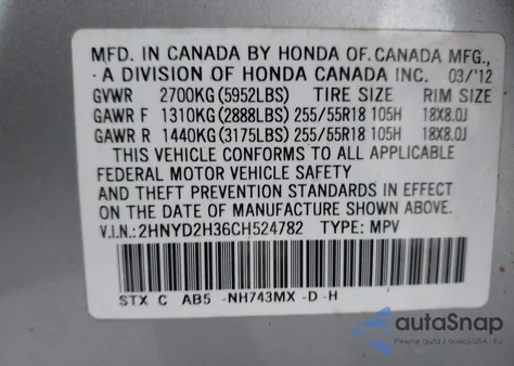 2012 Acura Mdx Technology Package from USA, damaged, VIN 2HNYD2H36CH524782